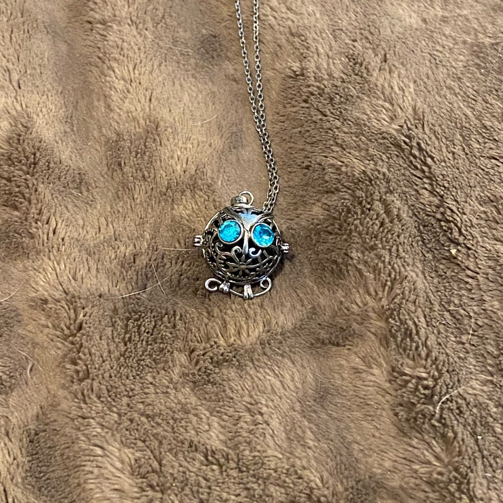 Elegant Silver Owl Pendant locket Necklace with Lava Rock ball and Blue Accents